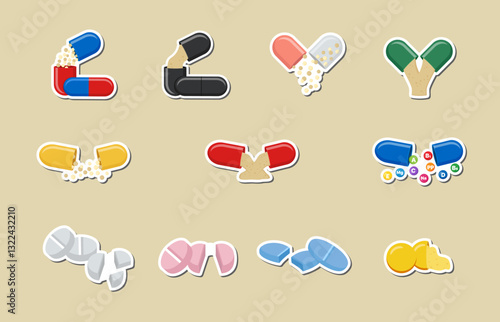 Pills set. Vector sticker collection of flat icons