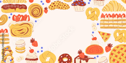 Pastries set, frame with space for text or design in the middle. Hand drawn vector flat illustration with popular sweet desserts, baked goods. Bakery background template for banner, poster
