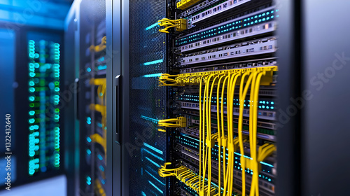 Close Up of Server Rack With Yellow Fiber Optic Cables and Blue LED Lights in a Dark Data Center
