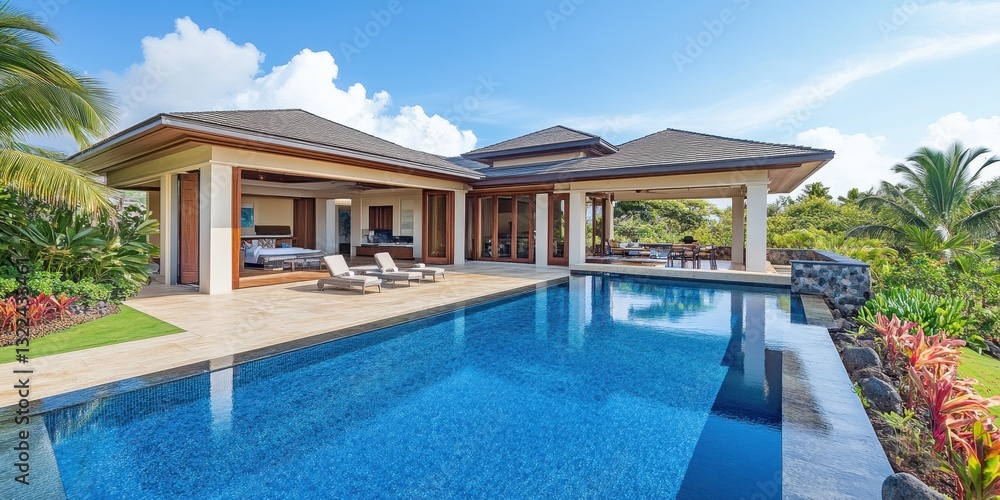 Fototapeta premium A luxurious home with a swimming pool under blue skies