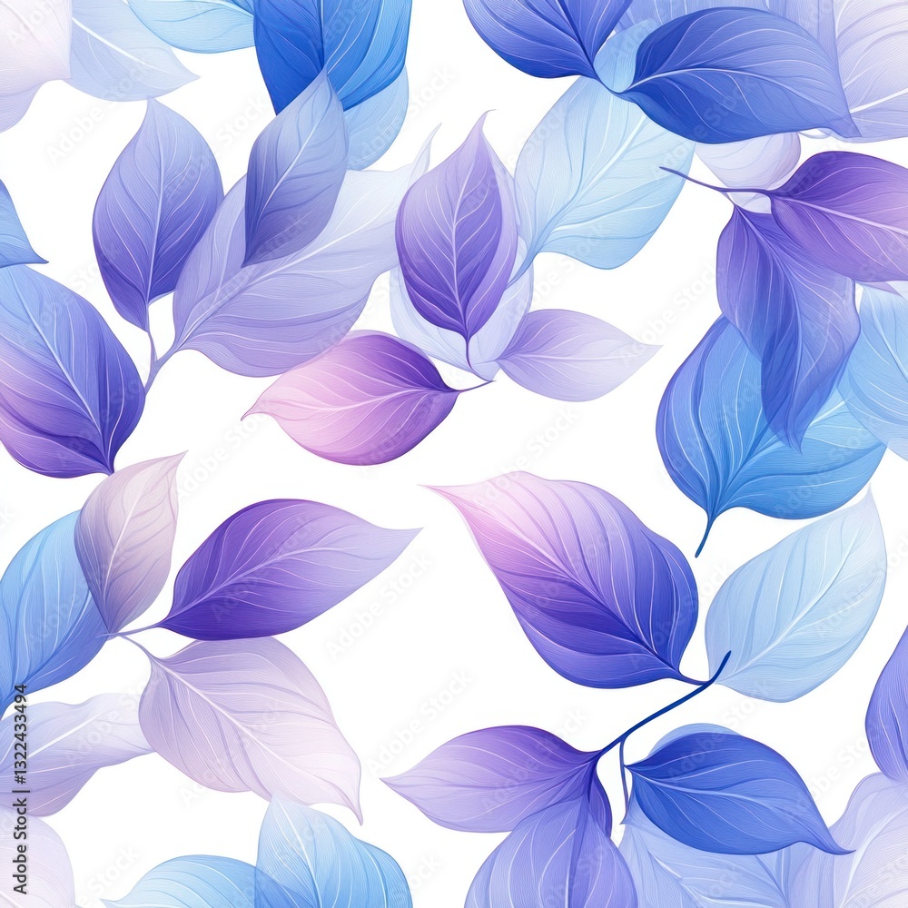 Seamless pattern of delicate purple and blue leaves on white background. Seamless pattern of delicate purple and blue leaves on white background.
