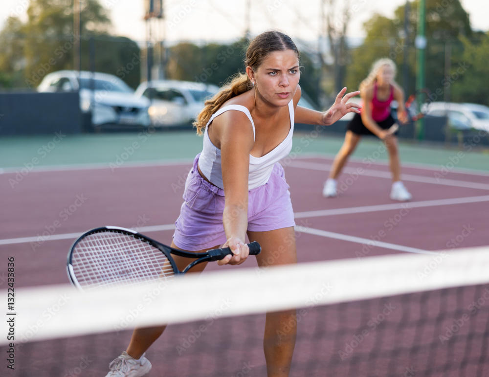 custom made wallpaper toronto digitalWoman tennis player training on court. Woman using racket to hit ball.