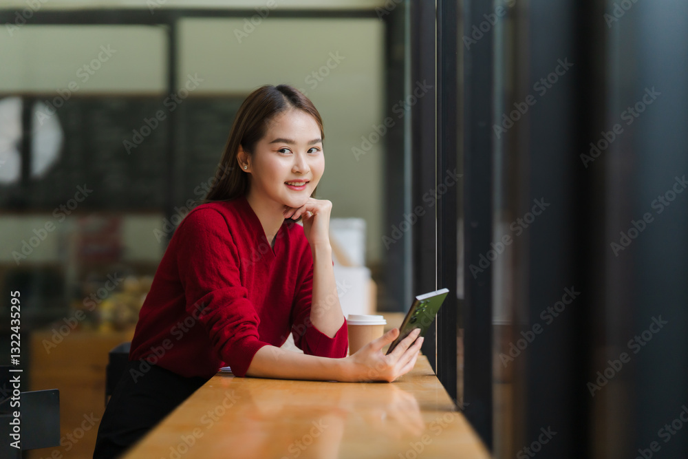 Smiling Woman Using Mobile Phone by Window Smiling Woman Using Mobile Phone by Window