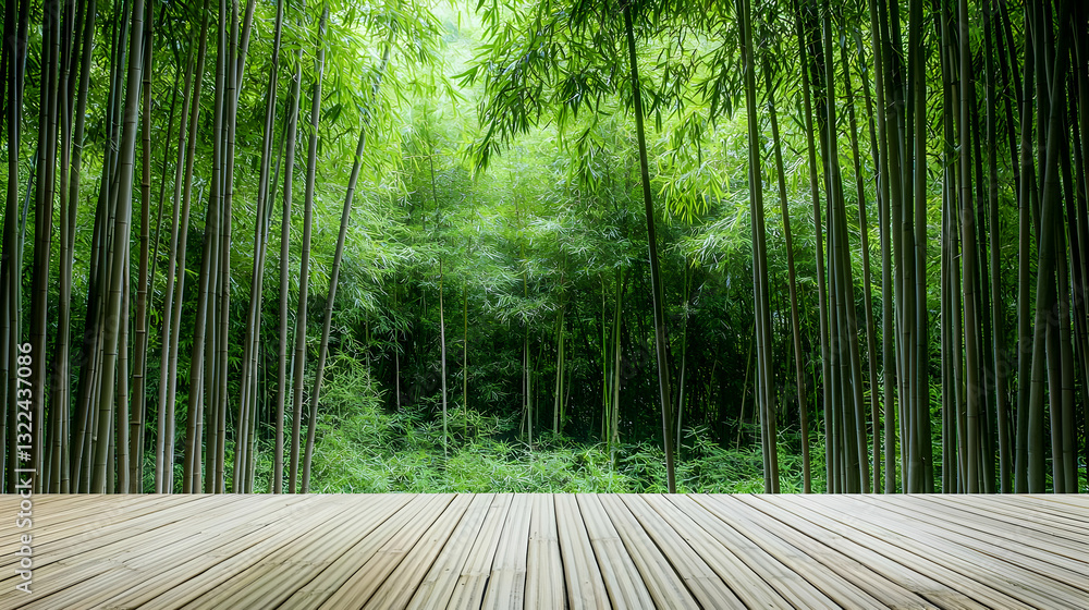 Obraz premium Tranquil Bamboo Forest with Wooden Pathway in Green Natural Light Peaceful Outdoor Landscape Photography