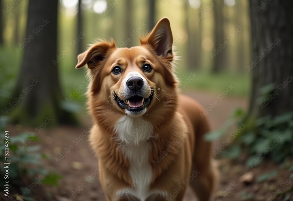 A cheerful dog stands close up in the heart of a serene forest, vibrant foliage framing its playful demeanor. Sunlight filters through the trees, highlighting its expressive features AI A cheerful dog stands close up in the heart of a serene forest, vibrant foliage framing its playful demeanor. Sunlight filters through the trees, highlighting its expressive features AI