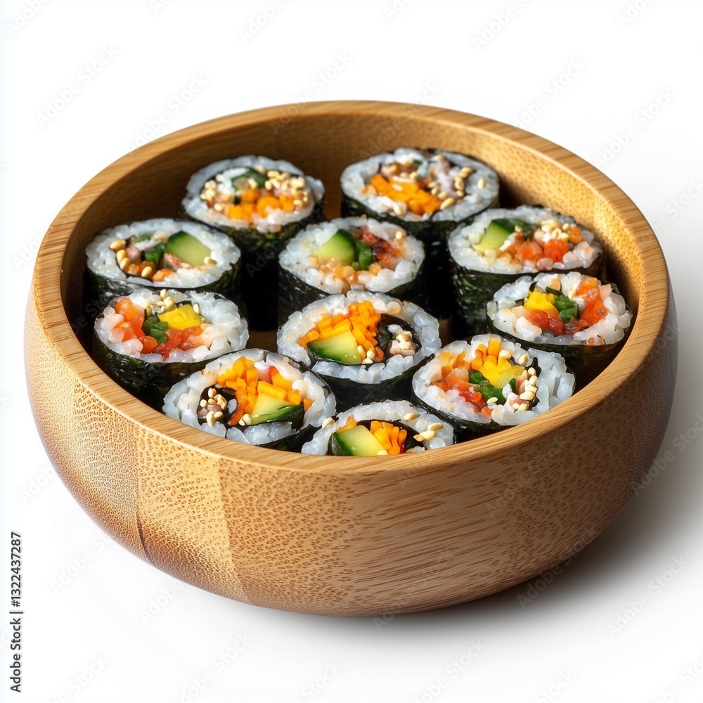 Gimbap rice roll with vegetable, seafood and seaweed slices on wooden bowl, isolated white