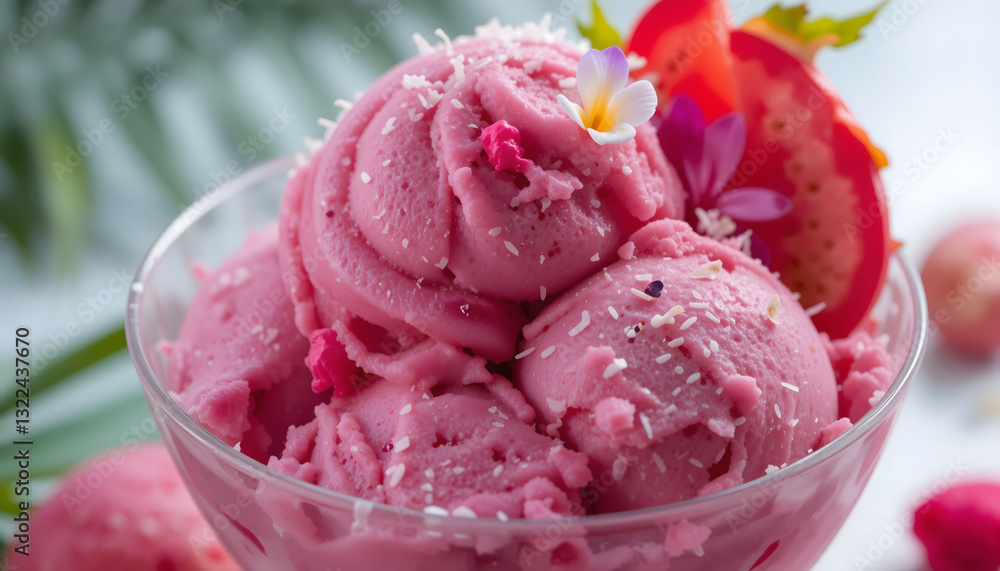Exotic Dragon Fruit and Coconut Ice Cream in a Glass Bowl Exotic Dragon Fruit and Coconut Ice Cream in a Glass Bowl
