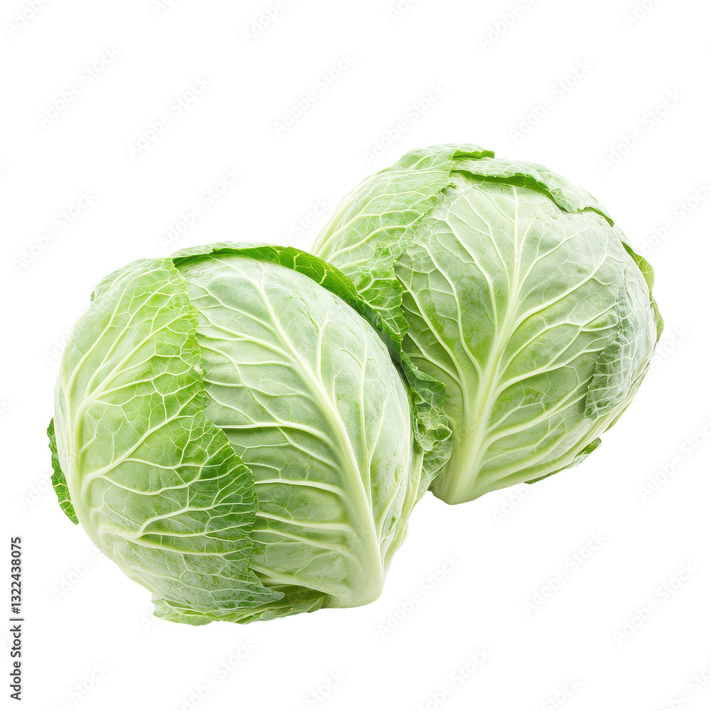 Fototapeta premium Fresh cabbage on a white background showcasing vibrant green leaves and firm texture, Fresh cabbageisolated on white background