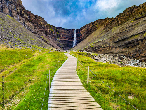 Aerial drone view of Hengifoss waterfall landscape in Iceland.