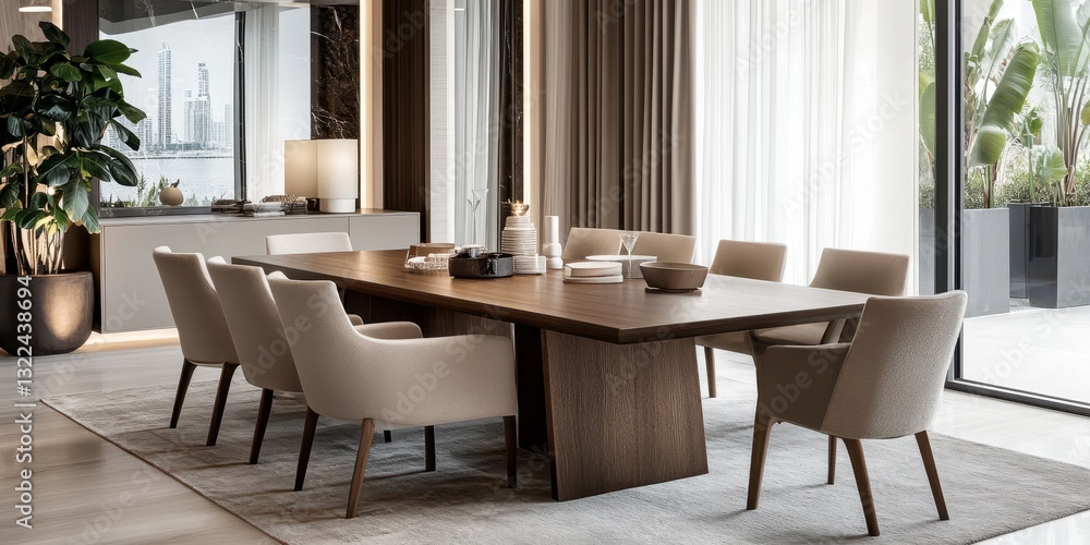 Fototapeta premium A modern dining room featuring a long wooden table with chairs