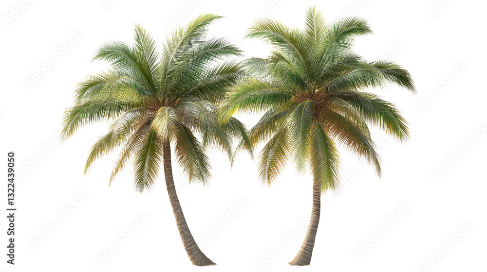 Obraz premium Tropical Twin Palms:Two lush, green palm trees gracefully stand side-by-side, offering a tranquil view, conjuring thoughts of tropical getaways and sun-kissed adventures.