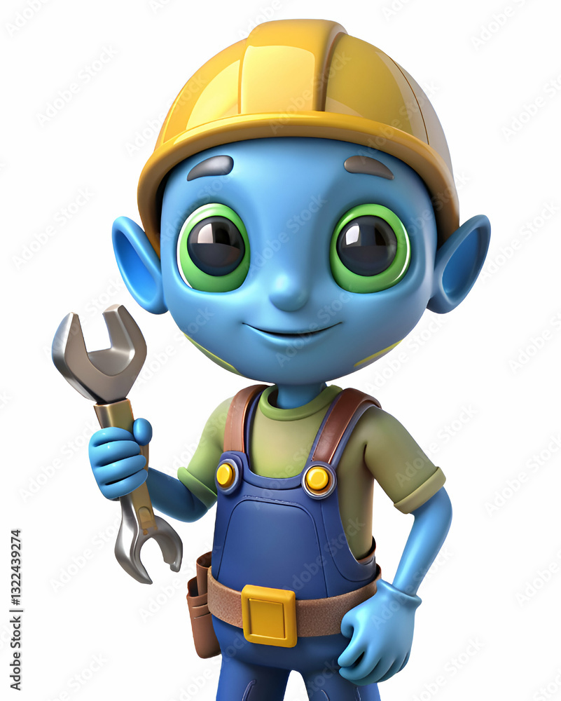 Adorable Blue Alien Cartoon Worker with Wrench Adorable Blue Alien Cartoon Worker with Wrench