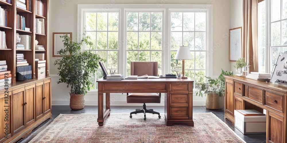 A cozy and well designed home office with furniture and windows A cozy and well designed home office with furniture and windows