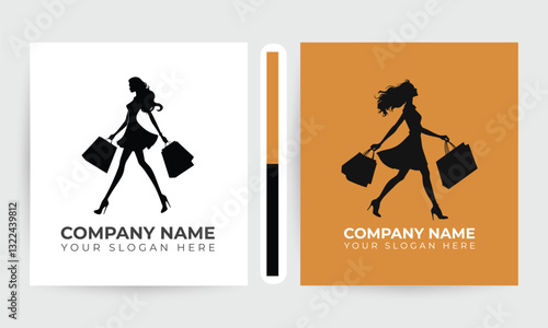 Fashionable Woman Silhouette with Shopping Bags Logo Design