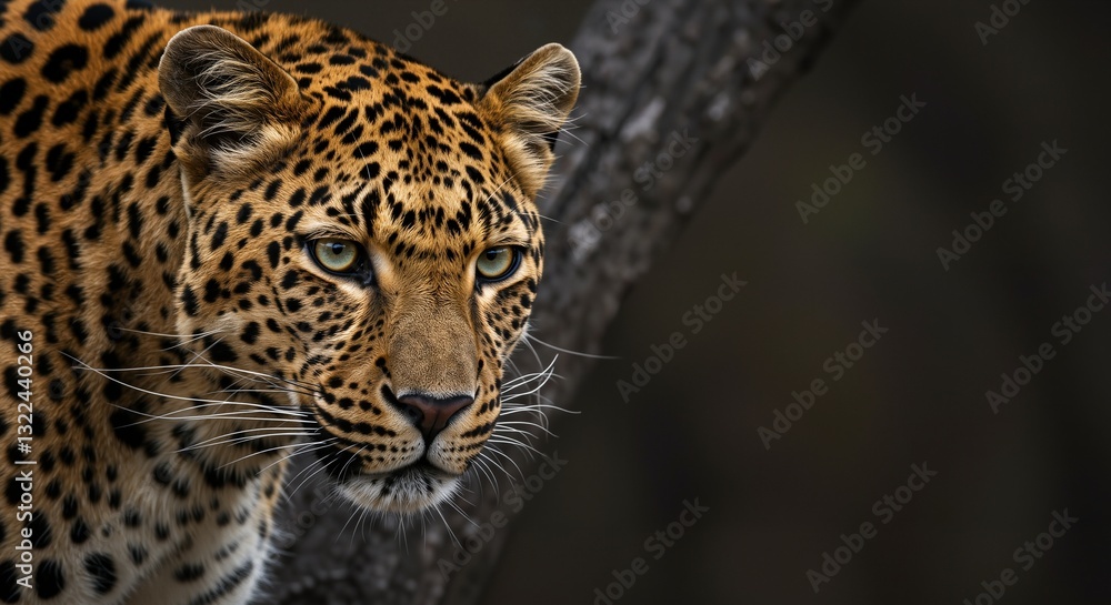 Obraz premium Majestic leopard with striking spotted fur intensely observing its surroundings against a blurred, dark forest background