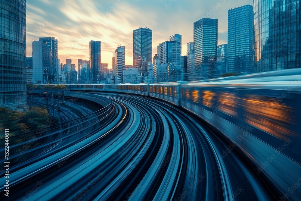 Fototapeta premium In a cityscape, a car moves swiftly, creating motion blur