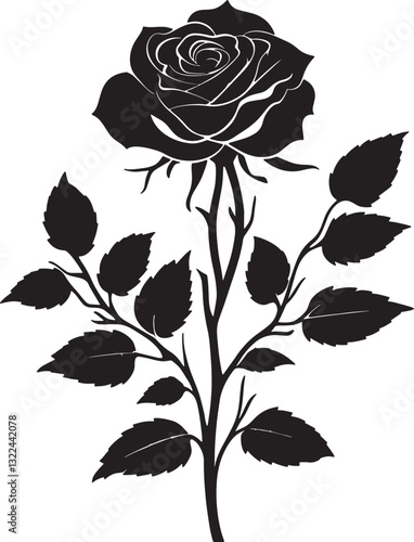 Elegant Black Rose Silhouette on White Background. This artwork is digitally enhanced using AI and manually edited for quality.