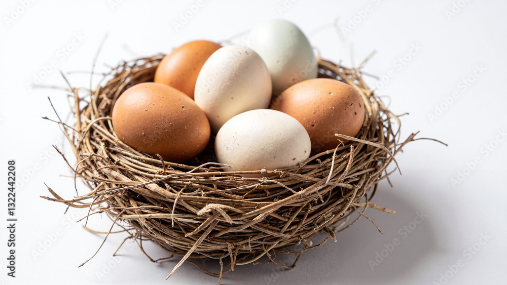 Beautifully Arranged Chicken Eggs in a Natural Nest for Easter Celebrations and Organic Food Marketing Beautifully Arranged Chicken Eggs in a Natural Nest for Easter Celebrations and Organic Food Marketing