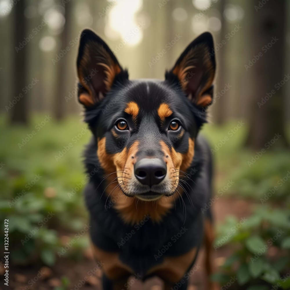 In a tranquil forest, a curious dog gazes directly at the viewer, surrounded by towering trees and lush greenery, capturing the essence of a peaceful morning adventure in nature AI In a tranquil forest, a curious dog gazes directly at the viewer, surrounded by towering trees and lush greenery, capturing the essence of a peaceful morning adventure in nature AI