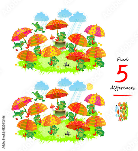 Find 5 differences. Illustration of a funny frogs playing with umbrellas. Logic puzzle game for children and adults. Page for kids brain teaser book. Vector drawing.