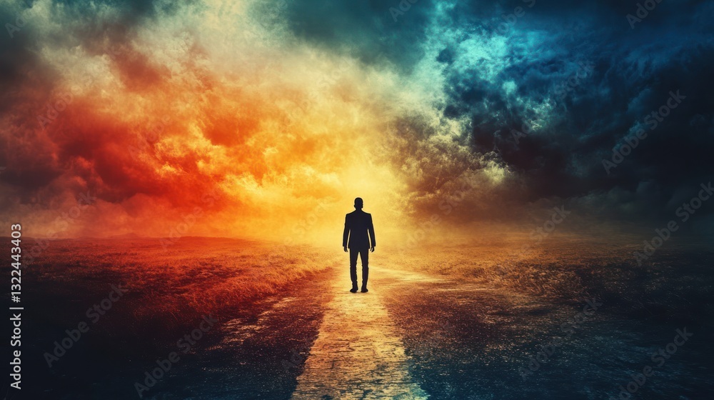 A lone person stands facing contrasting skies and the path A lone person stands facing contrasting skies and the path