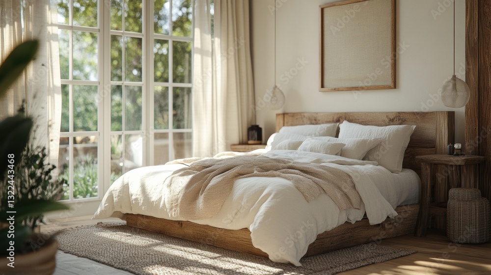 Fototapeta premium modern farmhouse bedroom, a modern farmhouse bedroom with linen bedding, wooden accents, and natural light for a cozy feel