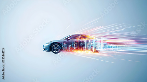 Fast Silver Sports Car With Motion Blur And Light Trails On Light Blue Background Speed And Technology Concept Automotive Design