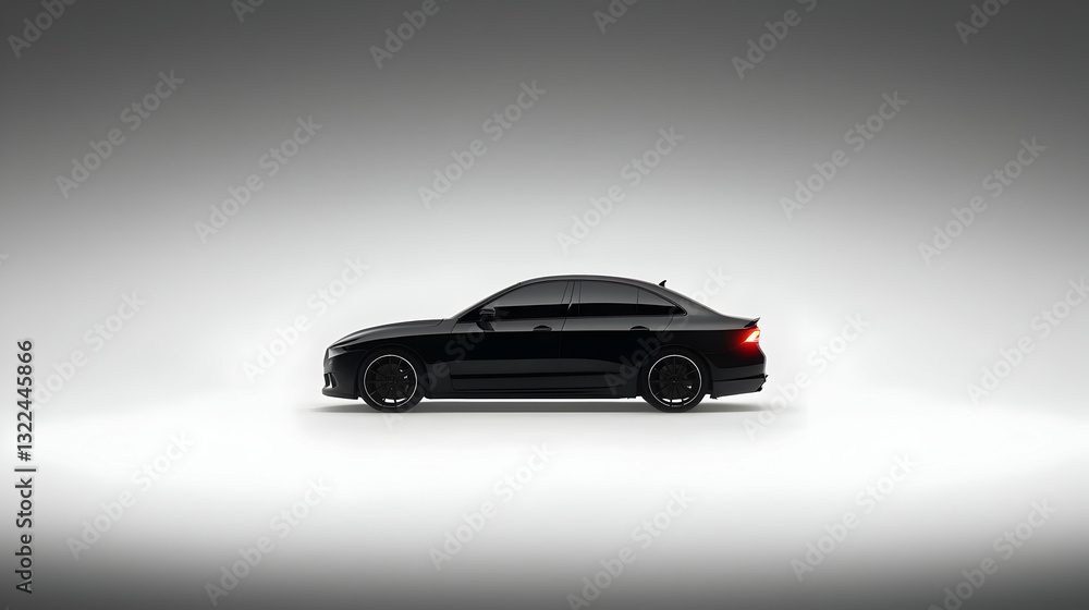 Fototapeta premium Sleek Black Sports Sedan On A White Studio Background With Detailed 3D Rendering And Subtle Lighting