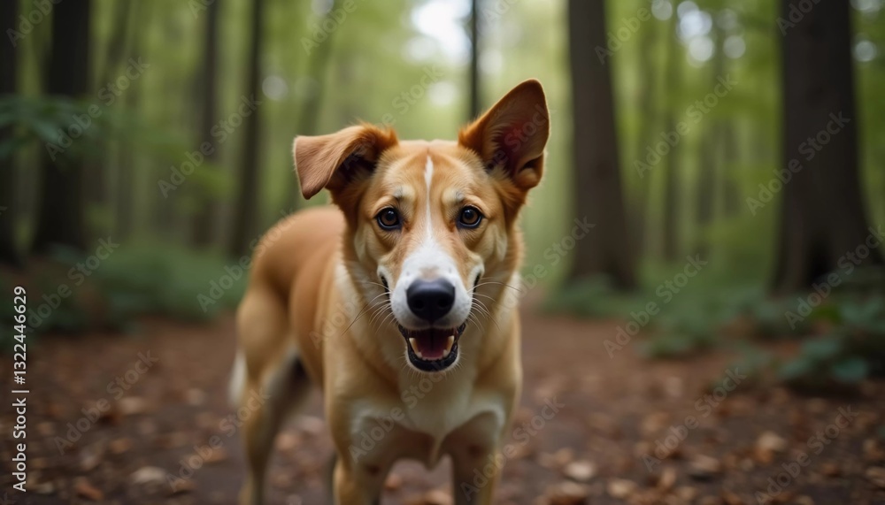 A cheerful dog stands amidst the beauty of a tranquil forest, capturing the essence of joy and curiosity. Sunlight filters through the leaves, creating a serene atmosphere AI A cheerful dog stands amidst the beauty of a tranquil forest, capturing the essence of joy and curiosity. Sunlight filters through the leaves, creating a serene atmosphere AI