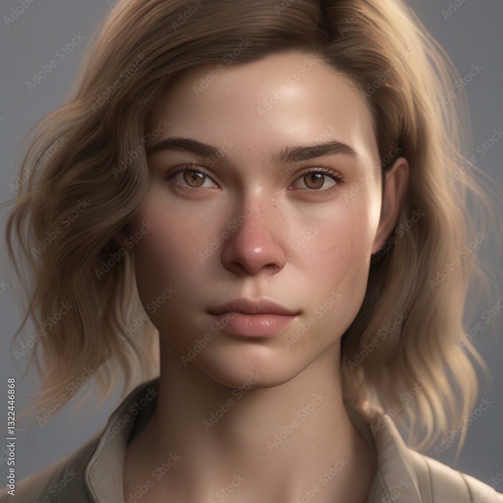 Fototapeta premium A highly detailed, hyper-realistic close-up portrait of an AI-generated human face. This digital artwork features lifelike skin textures, expressive eyes, and natural lighting.