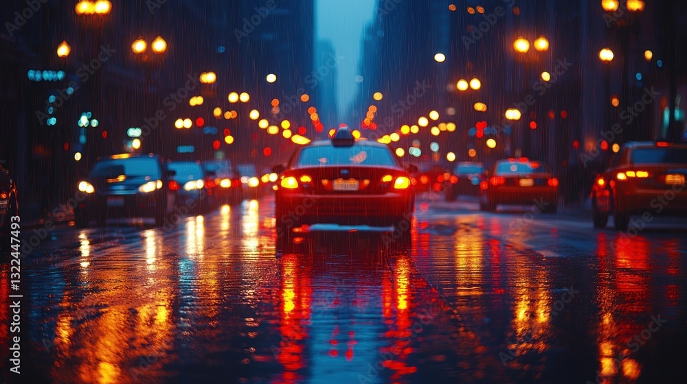 Obraz premium Cityscape under pouring rain at night with light reflection on asphalt