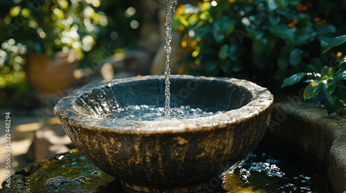 Water trickles into a stone basin, surrounded by foliage in bright sunlight photo