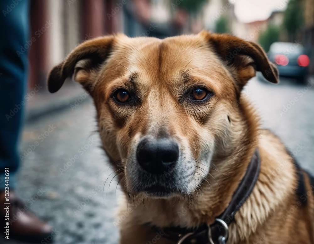 A dog with expressive eyes stands on a cobblestone road, gazing curiously at the surroundings. The town is alive with soft streetlights and the distant sounds of evening activity AI A dog with expressive eyes stands on a cobblestone road, gazing curiously at the surroundings. The town is alive with soft streetlights and the distant sounds of evening activity AI