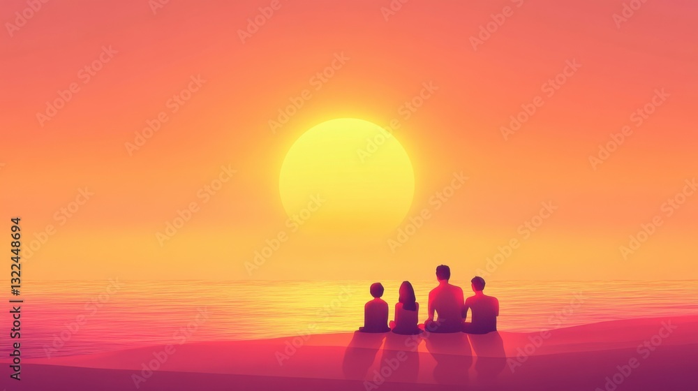 Minimalistic Family Relaxing Together During a Beautiful Sunset, Soft Gradient Beach Scene Minimalistic Family Relaxing Together During a Beautiful Sunset, Soft Gradient Beach Scene
