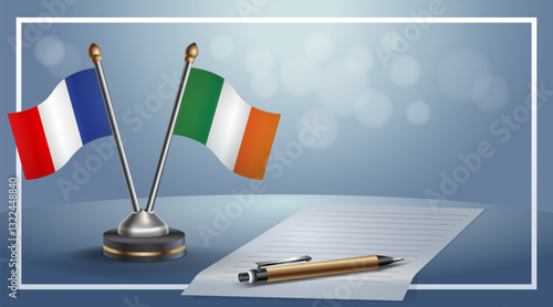 France and Ireland National flags on small table with bokeh background, cooperative relationship. Template vector Illustration