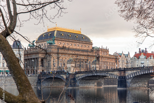 Photography National Theatre in Prague reflecting on Vltava River framed by bare tree branch