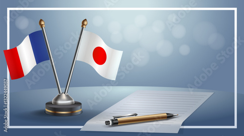 France and Japan National flags on small table with bokeh background, cooperative relationship. Template vector Illustration