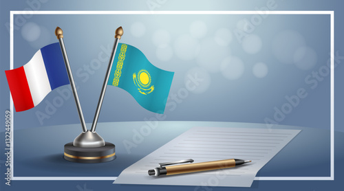 France and Kazakhstan National flags on small table with bokeh background, cooperative relationship. Template vector Illustration