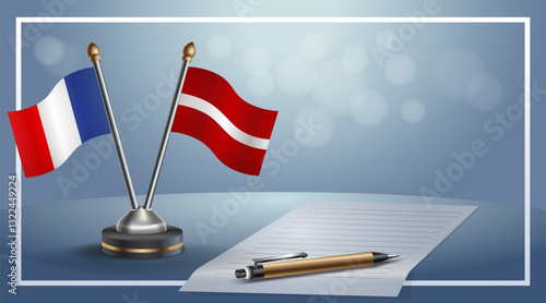 France and Latvia National flags on small table with bokeh background, cooperative relationship. Template vector Illustration