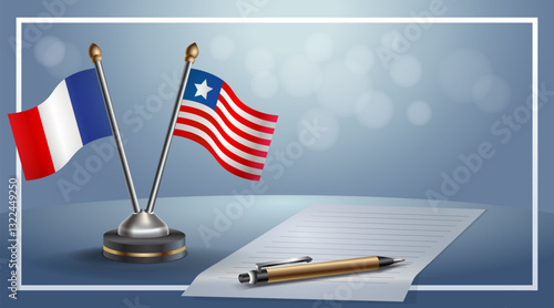 France and Liberia National flags on small table with bokeh background, cooperative relationship. Template vector Illustration