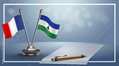 France and Lesotho National flags on small table with bokeh background, cooperative relationship. Template vector Illustration