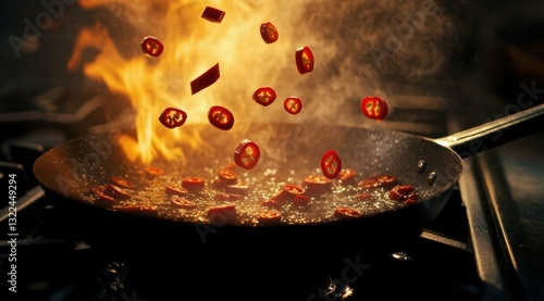 Chili peppers sizzling in a hot pan with flames.