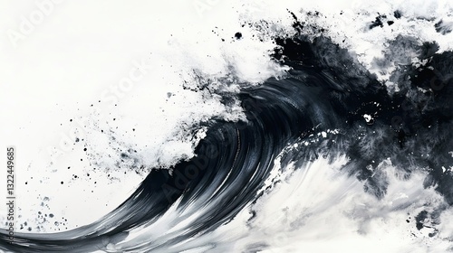Abstract Sumi-e Painting of Waves Crashing Against