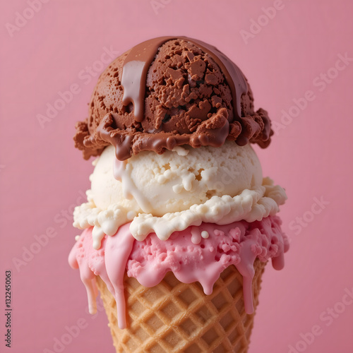 Triple-Scoop Neapolitan Ice Cream in a Waffle Cone