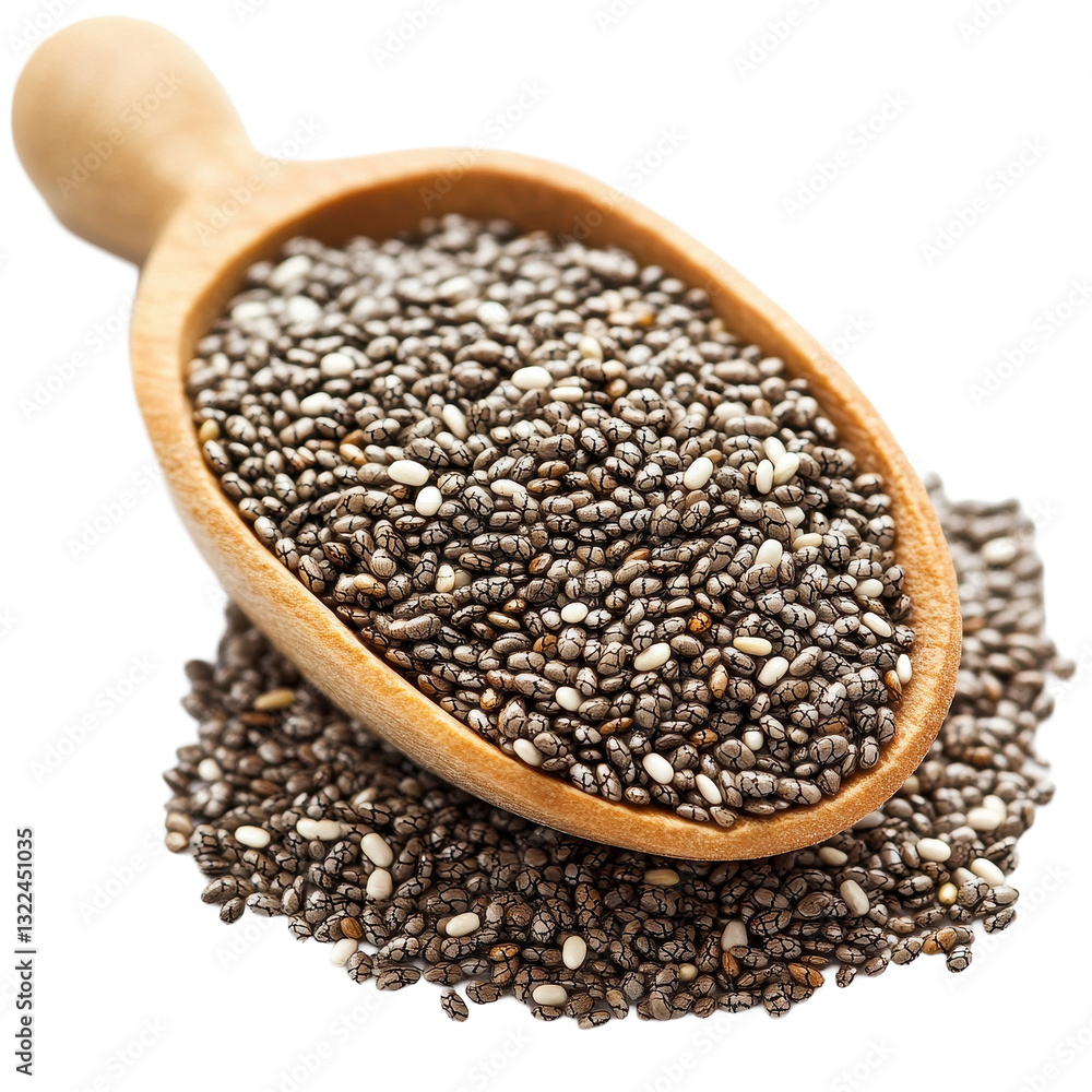 Chia seeds in a wooden scoop on a white background showcasing their distinct textures and colors, Chia seeds isolated with white background Chia seeds in a wooden scoop on a white background showcasing their distinct textures and colors, Chia seeds isolated with white background