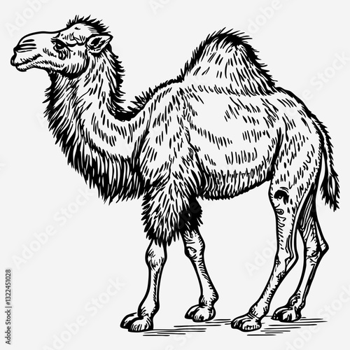 A detailed line drawing of a camel in profile, showcasing its humps and distinctive features, vector illustration