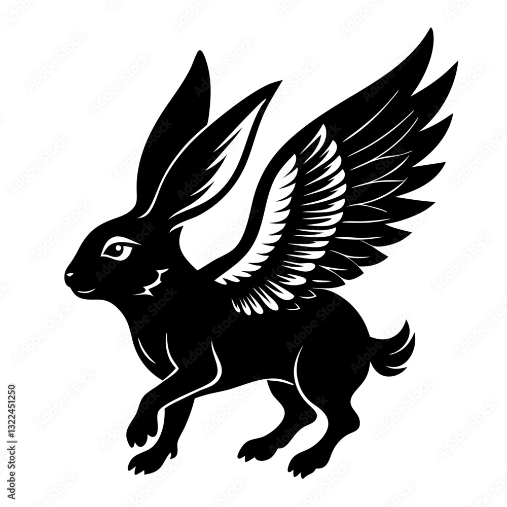 vector illustration of a black rabbit with wings, in flight, represents imagination and fantasy vector illustration of a black rabbit with wings, in flight, represents imagination and fantasy
