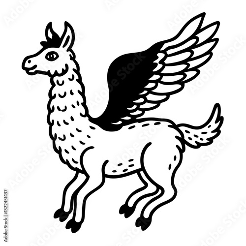 a charming vector illustration of a llama with wings in a black and white design 