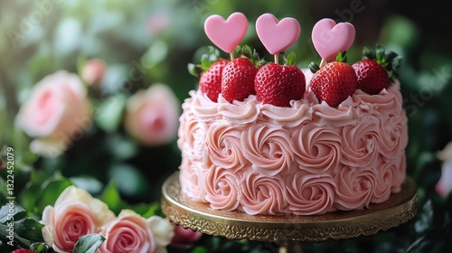 Wallpaper Mural "Happy Valentine's Day concept: A beautiful pink frosted cake decorated with strawberries and pink heart-shaped cookies, surrounded by a bouquet of pink roses." Torontodigital.ca