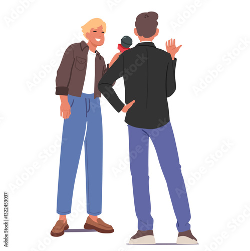 Young blogger with microphone making live interview with businessman isolated on white background